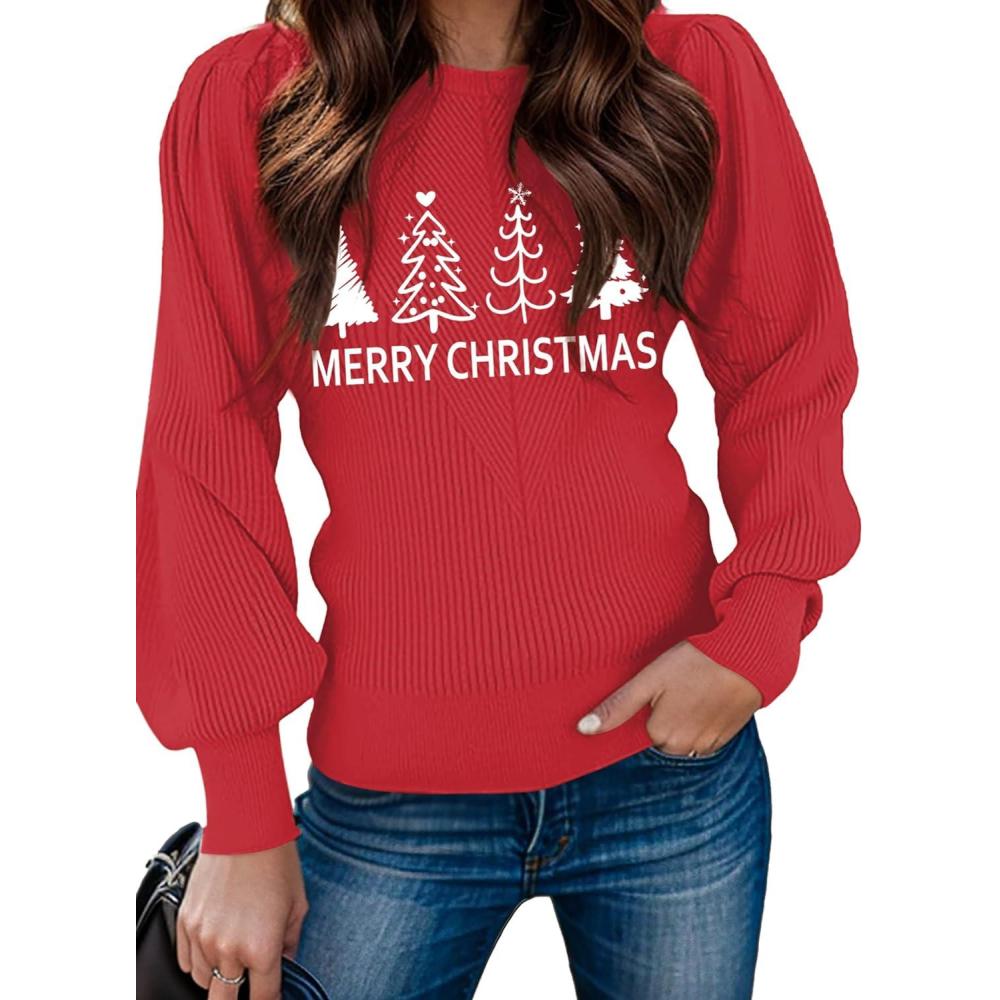 imageZeagoo Womens Sweaters Fall 2026 Dressy Casual Long Sleeve Shirts Ribbed Knit Winter Outfits Puff Pullover Jumper TopsChristmas Tree Red