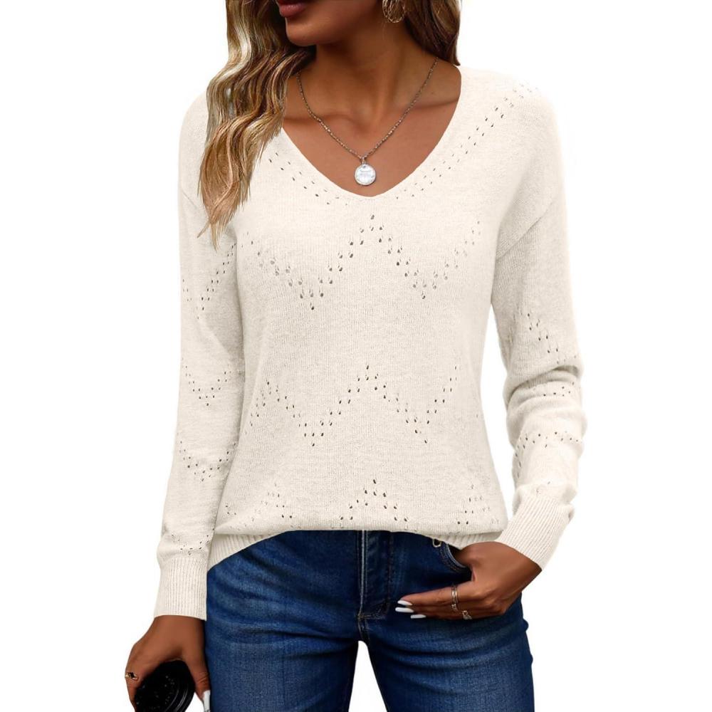 imageZeagoo Womens Sweaters Fall Trendy Casual Long Sleeve Shirt Lightweight V Neck Off Shoulder Crochet Pullover Top OutfitBbeige