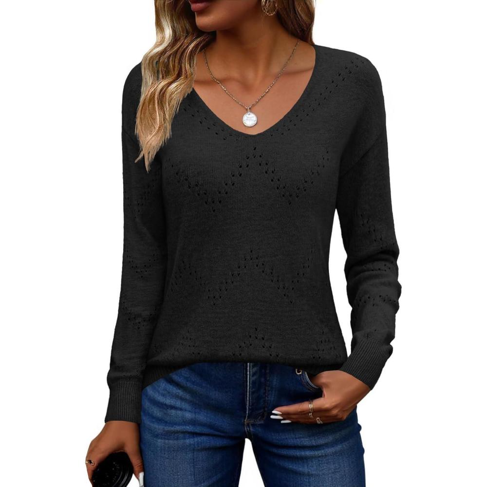 imageZeagoo Womens Sweaters Fall Trendy Casual Long Sleeve Shirt Lightweight V Neck Off Shoulder Crochet Pullover Top OutfitBblack
