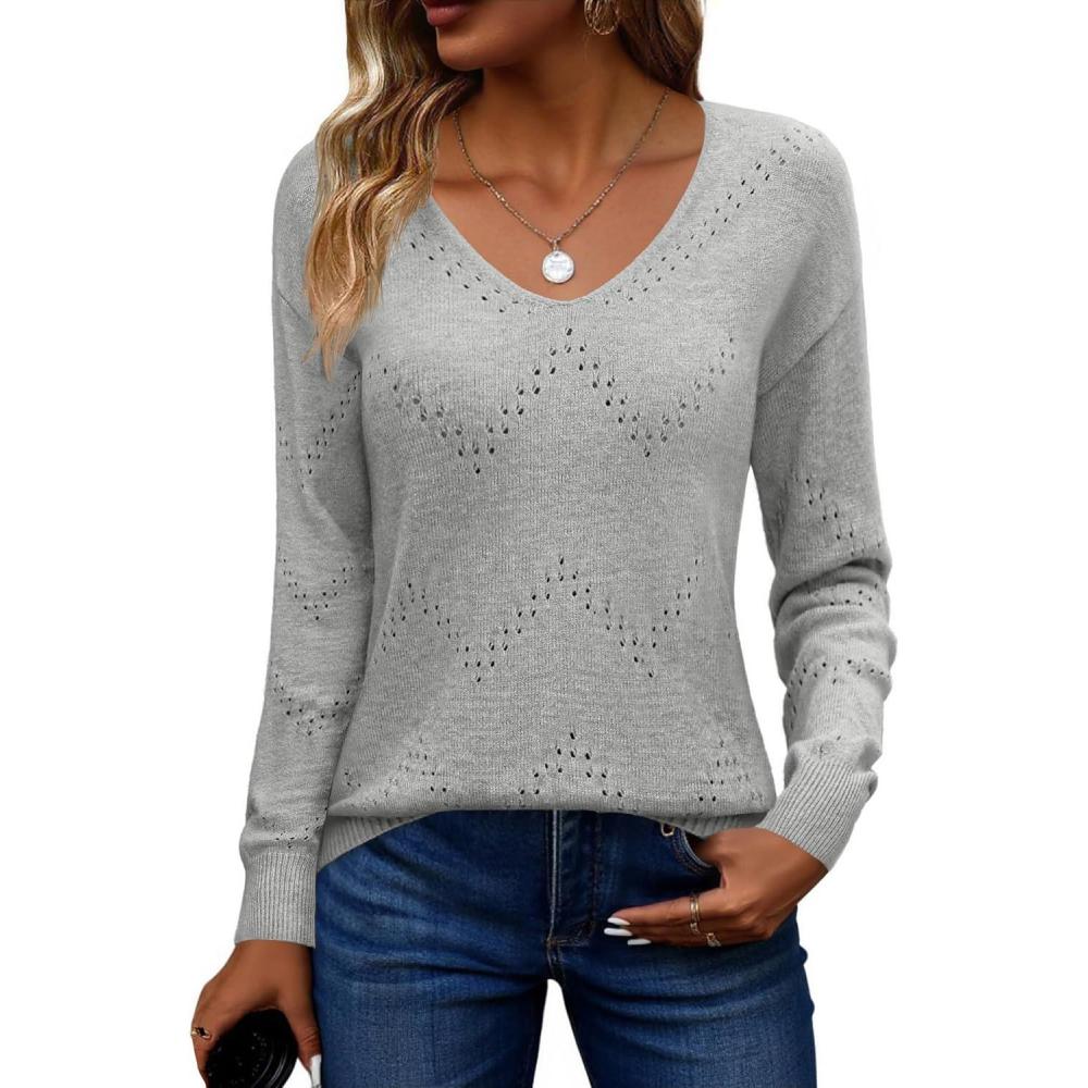 imageZeagoo Womens Sweaters Fall Trendy Casual Long Sleeve Shirt Lightweight V Neck Off Shoulder Crochet Pullover Top OutfitBgray