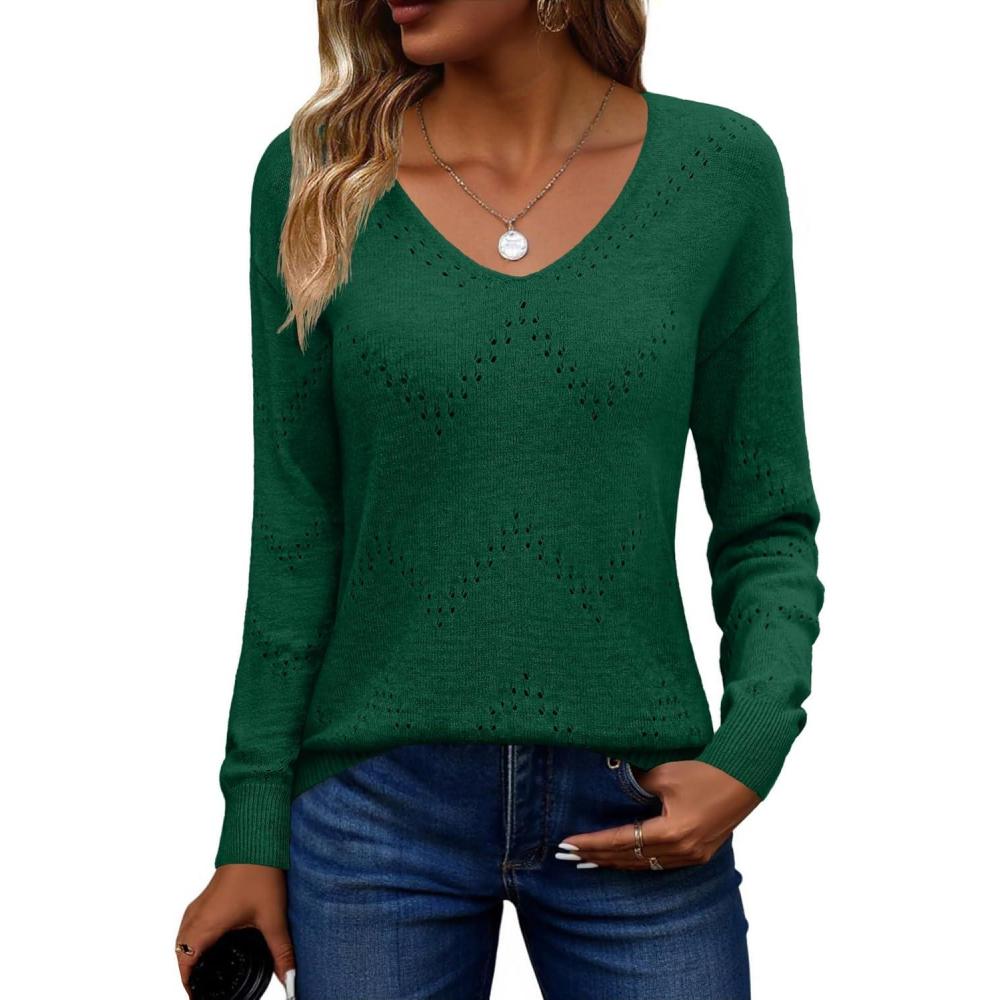imageZeagoo Womens Sweaters Fall Trendy Casual Long Sleeve Shirt Lightweight V Neck Off Shoulder Crochet Pullover Top OutfitBgreen