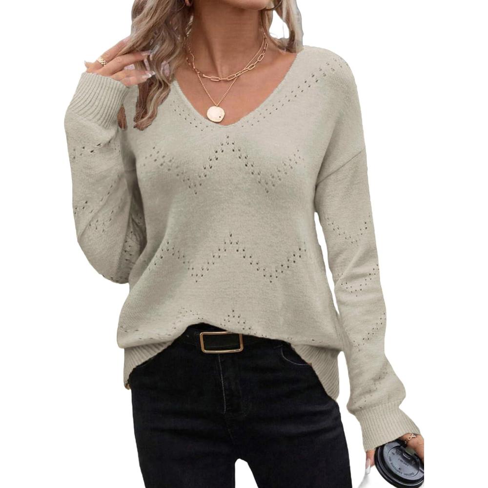 imageZeagoo Womens Sweaters Fall Trendy Casual Long Sleeve Shirt Lightweight V Neck Off Shoulder Crochet Pullover Top OutfitBkhaki