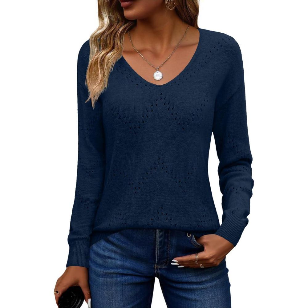 imageZeagoo Womens Sweaters Fall Trendy Casual Long Sleeve Shirt Lightweight V Neck Off Shoulder Crochet Pullover Top OutfitBnavy Blue