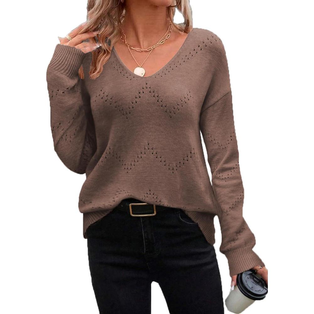 imageZeagoo Womens Sweaters Fall Trendy Casual Long Sleeve Shirt Lightweight V Neck Off Shoulder Crochet Pullover Top OutfitBnutmeg