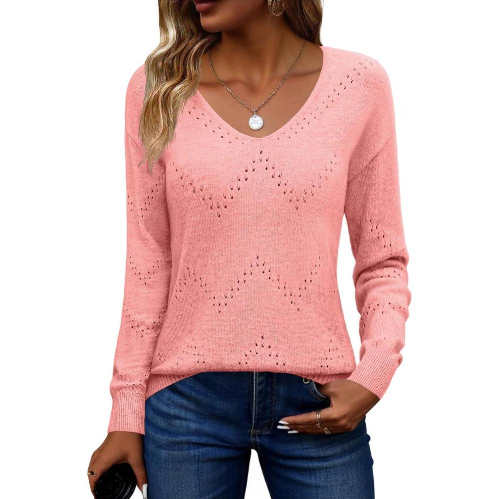 imageZeagoo Womens Sweaters Fall Trendy Casual Long Sleeve Shirt Lightweight V Neck Off Shoulder Crochet Pullover Top OutfitBpink