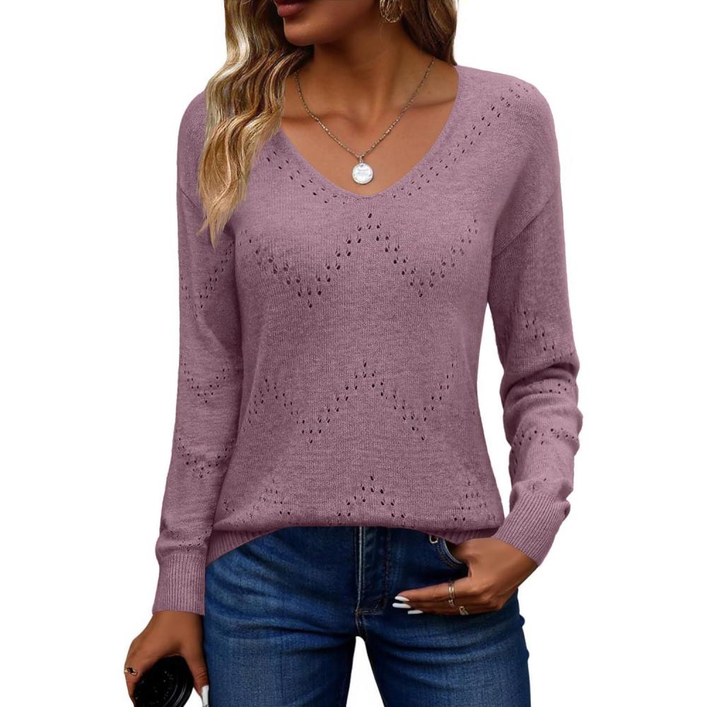imageZeagoo Womens Sweaters Fall Trendy Casual Long Sleeve Shirt Lightweight V Neck Off Shoulder Crochet Pullover Top OutfitBpurple