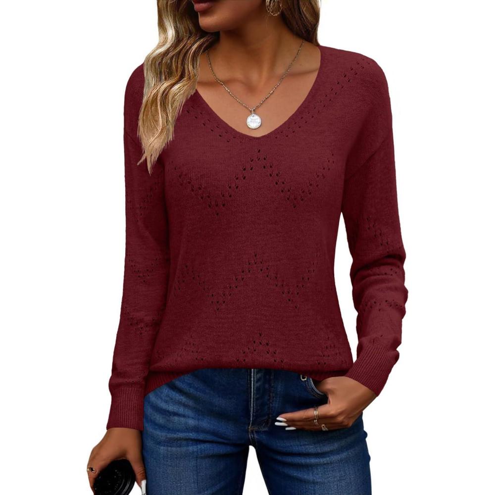 imageZeagoo Womens Sweaters Fall Trendy Casual Long Sleeve Shirt Lightweight V Neck Off Shoulder Crochet Pullover Top OutfitBwine Red