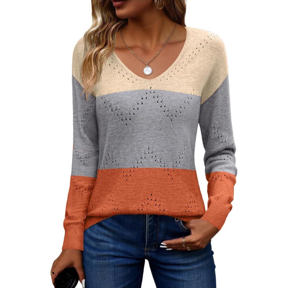 imageZeagoo Womens Sweaters Fall Trendy Casual Long Sleeve Shirt Lightweight V Neck Off Shoulder Crochet Pullover Top OutfitCcolorblock Apricot