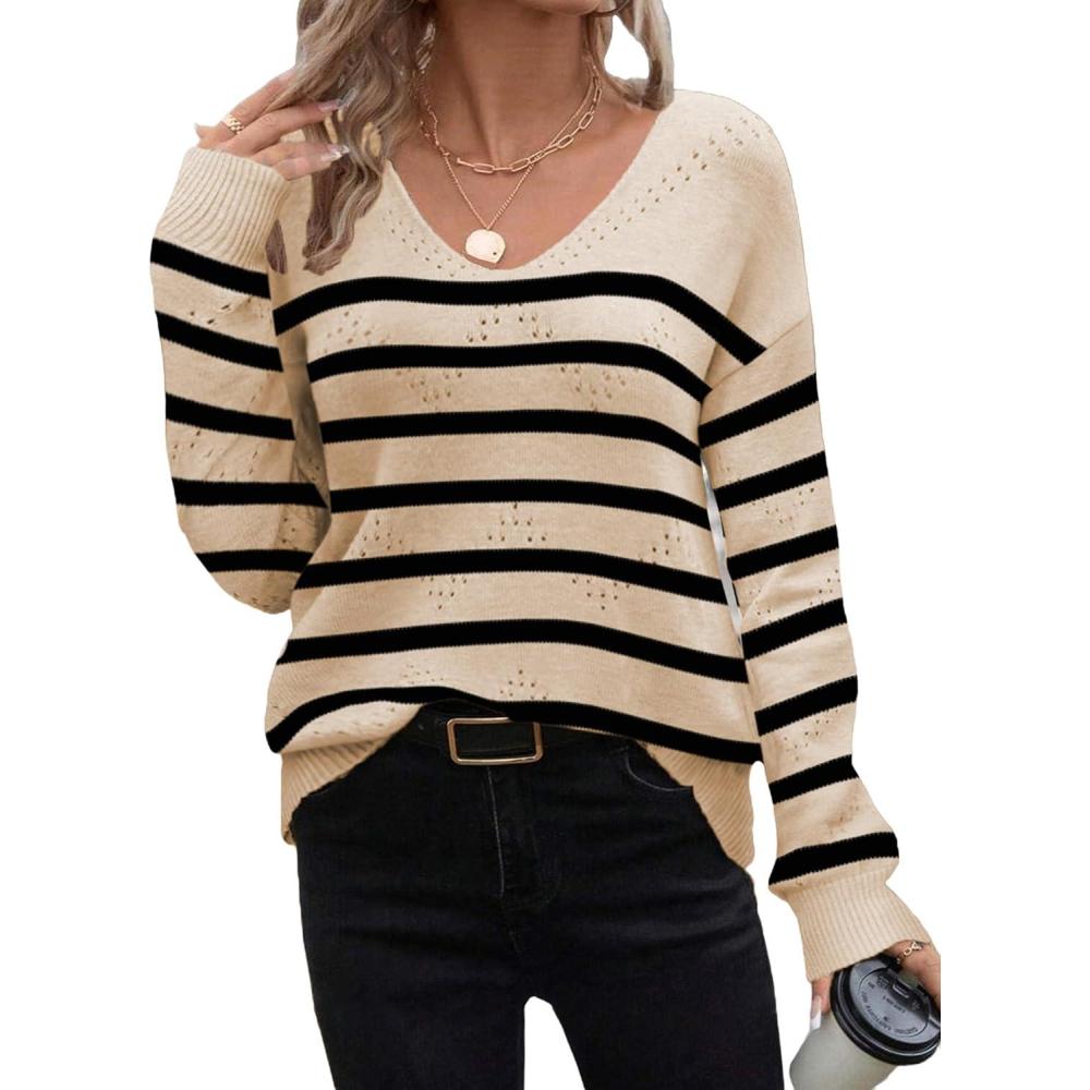 imageZeagoo Womens Sweaters Fall Trendy Casual Long Sleeve Shirt Lightweight V Neck Off Shoulder Crochet Pullover Top OutfitFapricot Sriped