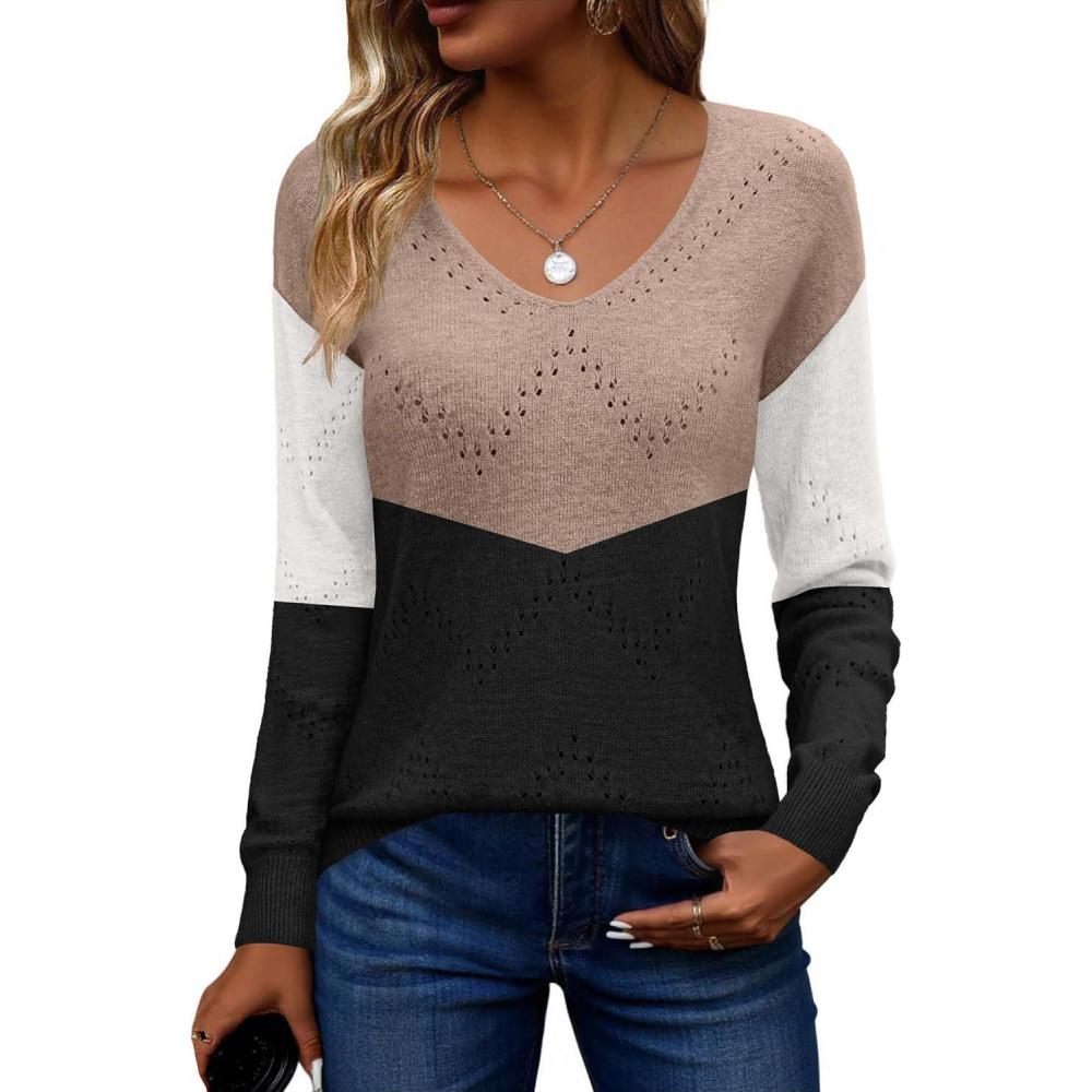 imageZeagoo Womens Sweaters Fall Trendy Casual Long Sleeve Shirt Lightweight V Neck Off Shoulder Crochet Pullover Top OutfitFblack White Apricot