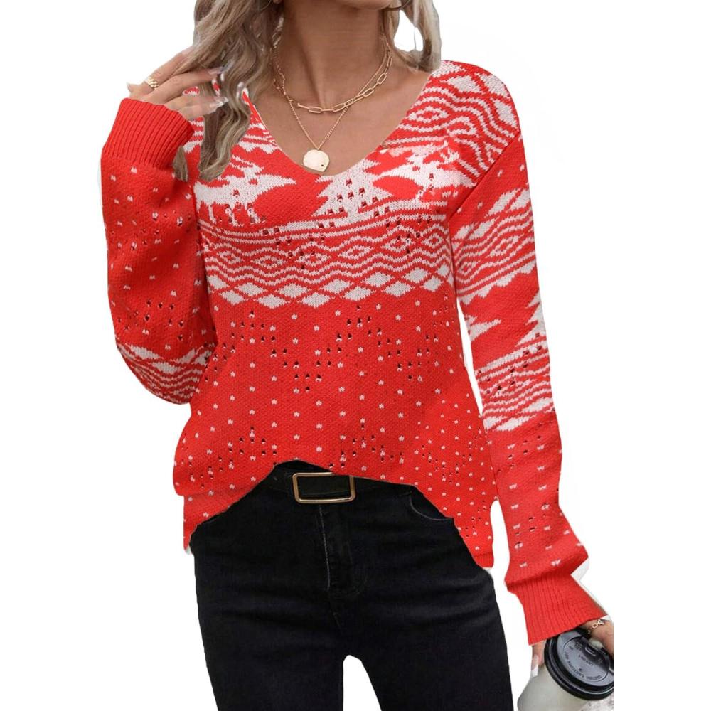 imageZeagoo Womens Sweaters Fall Trendy Casual Long Sleeve Shirt Lightweight V Neck Off Shoulder Crochet Pullover Top OutfitFchristmas