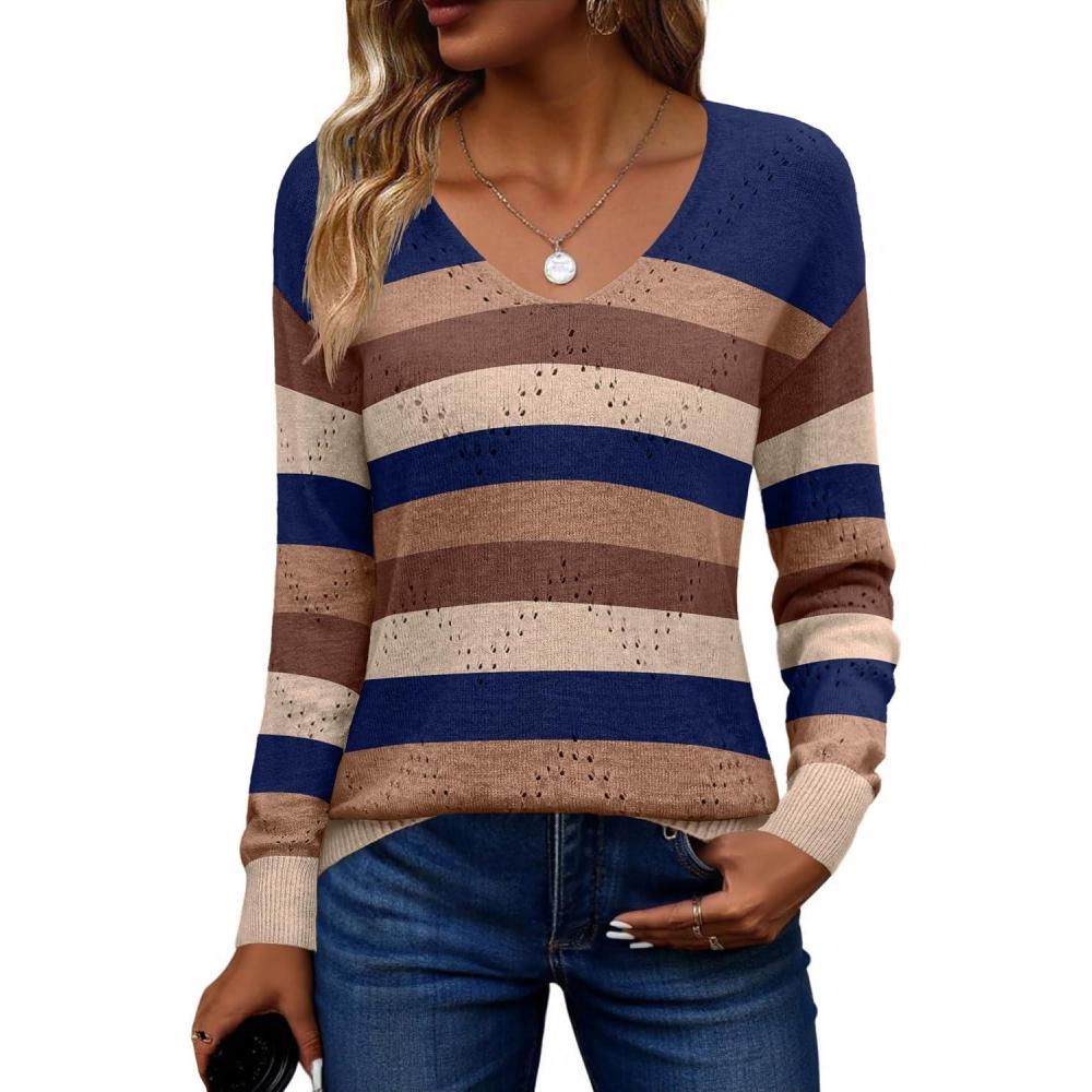 imageZeagoo Womens Sweaters Fall Trendy Casual Long Sleeve Shirt Lightweight V Neck Off Shoulder Crochet Pullover Top OutfitFcolorblock Striped