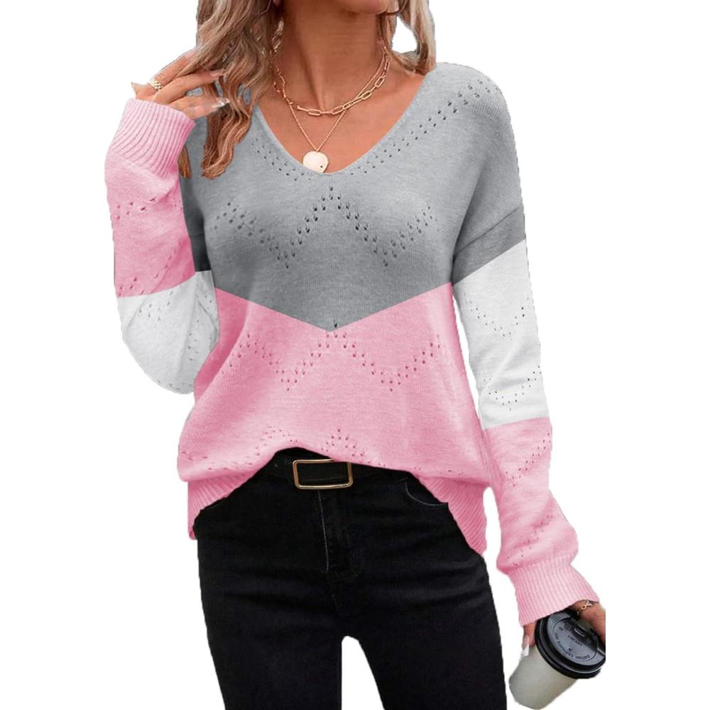 imageZeagoo Womens Sweaters Fall Trendy Casual Long Sleeve Shirt Lightweight V Neck Off Shoulder Crochet Pullover Top OutfitFgray Pink