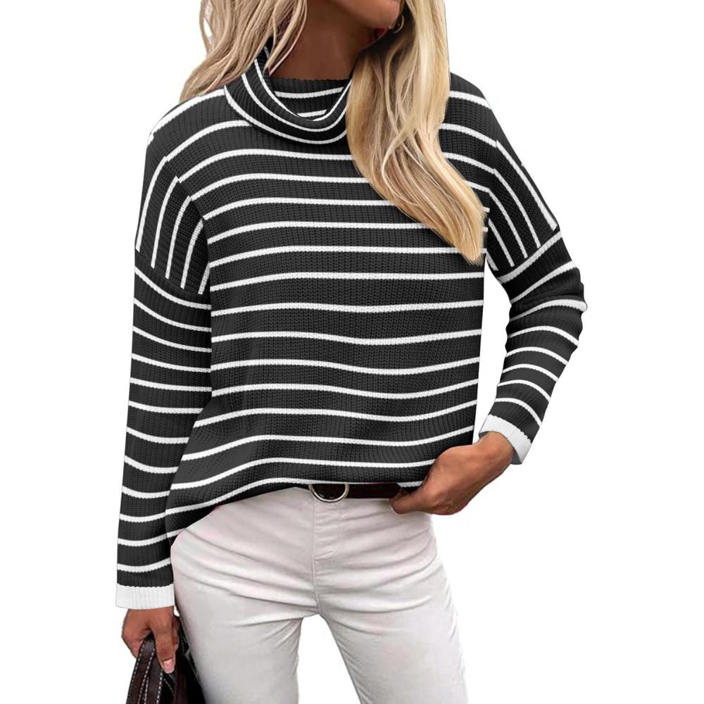 imageZeagoo Womens Turtleneck Sweater Fall Fashion 2025 Long Sleeve Chunky Knitted Pullover Color Block Trendy Jumper TopBlack and White Stripes