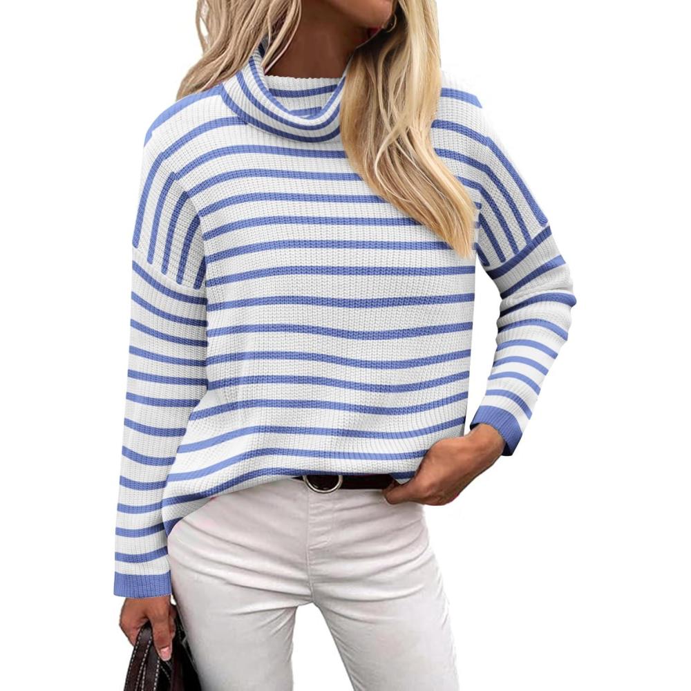 imageZeagoo Womens Turtleneck Sweater Fall Fashion 2025 Long Sleeve Chunky Knitted Pullover Color Block Trendy Jumper TopBlue and White Stripes