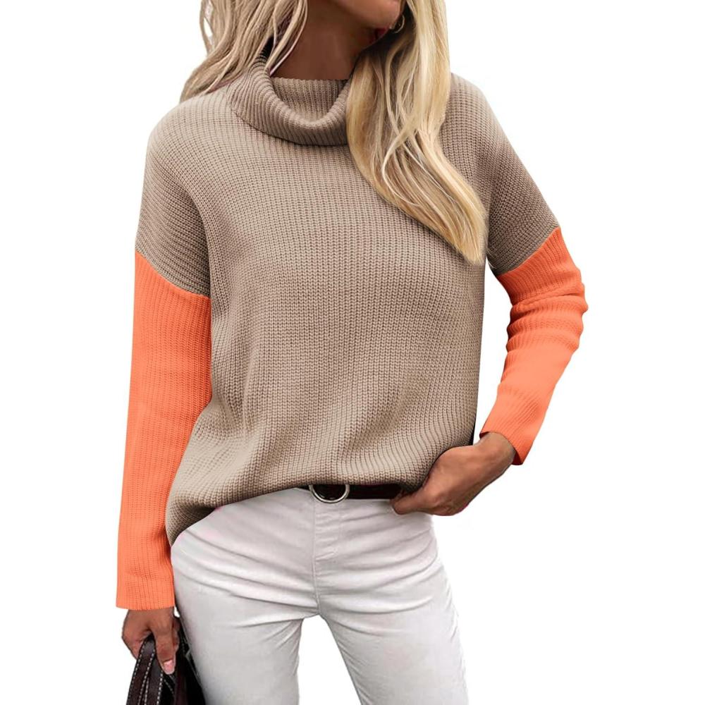 imageZeagoo Womens Turtleneck Sweater Fall Fashion 2025 Long Sleeve Chunky Knitted Pullover Color Block Trendy Jumper TopBrown