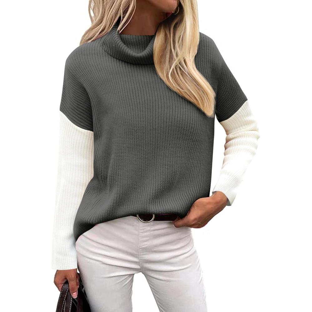 imageZeagoo Womens Turtleneck Sweater Fall Fashion 2025 Long Sleeve Chunky Knitted Pullover Color Block Trendy Jumper TopGray
