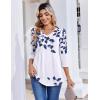 Zeagoo 3/4 Length Sleeve Womens Tops Casual V Neck Pleated Top Boho Floral Blouses Work Shirts(Leaf White)
