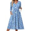 Zeagoo 3/4 Sleeve Women’s Dress Casual Midi Tshirt Dresses with Pockets Empire Waist Summer Semi-Formal Boho Beach Sundress(Blue Floral Xh41)
