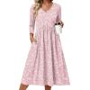 Zeagoo 3/4 Sleeve Women’s Dress Casual Midi Tshirt Dresses with Pockets Empire Waist Summer Semi-Formal Boho Beach Sundress(Pink Floral)