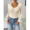 Zeagoo Fall Sweaters for Women 2024 Casual Long Sleeve Shirts V Neck Pullover Puff Slim Fit Tops(Beige)