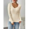 Zeagoo Fall Sweaters for Women 2024 Casual Long Sleeve Shirts V Neck Pullover Puff Slim Fit Tops(Beige)