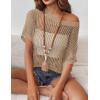 Zeagoo Short Sleeve Crochet Sweater Lightweight Summer Tops Loose Hollow Out Crewneck Pullover(Khaki)