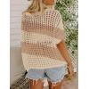 Zeagoo Short Sleeve Crochet Sweater Lightweight Summer Tops Loose Hollow Out Crewneck Pullover(Khaki Apricot Stripe)
