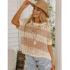 Zeagoo Short Sleeve Crochet Sweater Lightweight Summer Tops Loose Hollow Out Crewneck Pullover(Khaki Apricot Stripe)