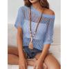 Zeagoo Short Sleeve Crochet Sweater Lightweight Summer Tops Loose Hollow Out Crewneck Pullover(Light Blue)