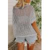 Zeagoo Short Sleeve Crochet Sweater Lightweight Summer Tops Loose Hollow Out Crewneck Pullover(Light Grey)
