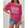 Zeagoo Short Sleeve Crochet Sweater Lightweight Summer Tops Loose Hollow Out Crewneck Pullover(Rose Red)