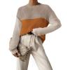 Zeagoo Women 2026 Fall Lightweight Oversized Sweater Crew Neck Long Sleeve Color Block Pullover Rib Knit Blouse Tops XS-2XL(Khaki Orange)