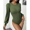 Zeagoo Women 2026 Long Puff Sleeve Sweater Fall Slim Fit Pullover Tops Crewneck Ribbed Knit Bodysuit Jumpsuit(Army Green)