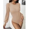 Zeagoo Women 2026 Long Puff Sleeve Sweater Fall Slim Fit Pullover Tops Crewneck Ribbed Knit Bodysuit Jumpsuit(Beige)