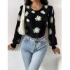 Zeagoo Women 2026 Long Puff Sleeve Sweater Fall Slim Fit Pullover Tops Crewneck Ribbed Knit Bodysuit Jumpsuit(Black Flower)