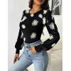 Zeagoo Women 2026 Long Puff Sleeve Sweater Fall Slim Fit Pullover Tops Crewneck Ribbed Knit Bodysuit Jumpsuit(Black Flower)