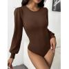 Zeagoo Women 2026 Long Puff Sleeve Sweater Fall Slim Fit Pullover Tops Crewneck Ribbed Knit Bodysuit Jumpsuit(Brown)