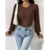 Zeagoo Women 2026 Long Puff Sleeve Sweater Fall Slim Fit Pullover Tops Crewneck Ribbed Knit Bodysuit Jumpsuit(Brown)