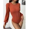 Zeagoo Women 2026 Long Puff Sleeve Sweater Fall Slim Fit Pullover Tops Crewneck Ribbed Knit Bodysuit Jumpsuit(Caramel)