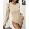 Zeagoo Women 2026 Long Puff Sleeve Sweater Fall Slim Fit Pullover Tops Crewneck Ribbed Knit Bodysuit Jumpsuit(Coffee)