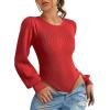 Zeagoo Women 2026 Long Puff Sleeve Sweater Fall Slim Fit Pullover Tops Crewneck Ribbed Knit Bodysuit Jumpsuit(Red)