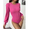 Zeagoo Women 2026 Long Puff Sleeve Sweater Fall Slim Fit Pullover Tops Crewneck Ribbed Knit Bodysuit Jumpsuit(Rose Red)