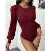 Zeagoo Women 2026 Long Puff Sleeve Sweater Fall Slim Fit Pullover Tops Crewneck Ribbed Knit Bodysuit Jumpsuit(Wine Red)