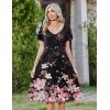 Zeagoo Women Midi Dresses for Summer 2026 Short Sleeve Casual Flowy Dress A Line Pleated V Neck Beach Sundress with Pockets(Pink Black)