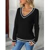 Zeagoo Women’s 2026 Fall V Neck Sweater Trendy Long Sleeve Casual Lightweight Ribbed Knit Pullover Tops(Black Stripe)