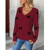 Zeagoo Women’s 2026 Fall V Neck Sweater Trendy Long Sleeve Casual Lightweight Ribbed Knit Pullover Tops(Bowknot Red)