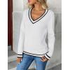 Zeagoo Women’s 2026 Fall V Neck Sweater Trendy Long Sleeve Casual Lightweight Ribbed Knit Pullover Tops(White Stripe)