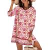 Zeagoo Womens Boho Dresses Casual Beach Summer Dress Tassel Tie Neck 3/4 Long Sleeve Mini Sundress 2026 Floral Print Cover Up(02 Pink)