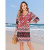 Zeagoo Womens Boho Dresses Casual Beach Summer Dress Tassel Tie Neck 3/4 Long Sleeve Mini Sundress 2026 Floral Print Cover Up(Red)